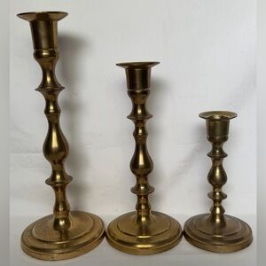 Brass Candlestick Holders Set of 3  Solid Heavy Gold Tone